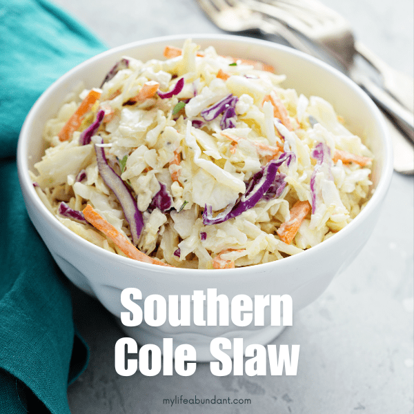 Southern Coleslaw is a southern staple for so many meals. Easy to make and serve as a side dish or to top a BBQ sandwich.