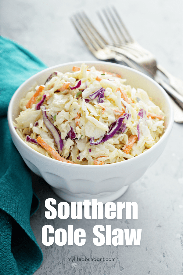 Southern Coleslaw is a southern staple for so many meals. Easy to make and serve as a side dish or to top a BBQ sandwich.