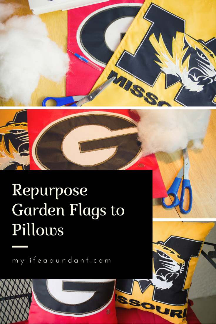 Learn how to repurpose garden flags into pillows to decorate your porch with for different times of the year.