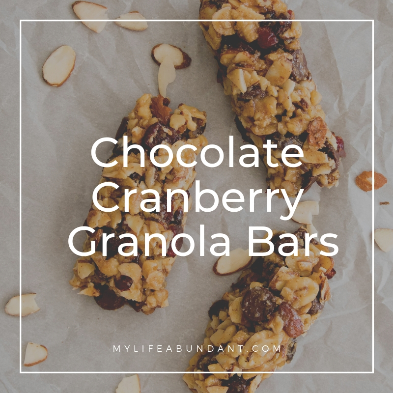 Love these Chocolate Cranberry Granola Bars for a snack or breakfast. Full of almonds, craisins and dark chocolate chips. Chewy, crunchy with just a bit of chocolate sweetness and grain-free.