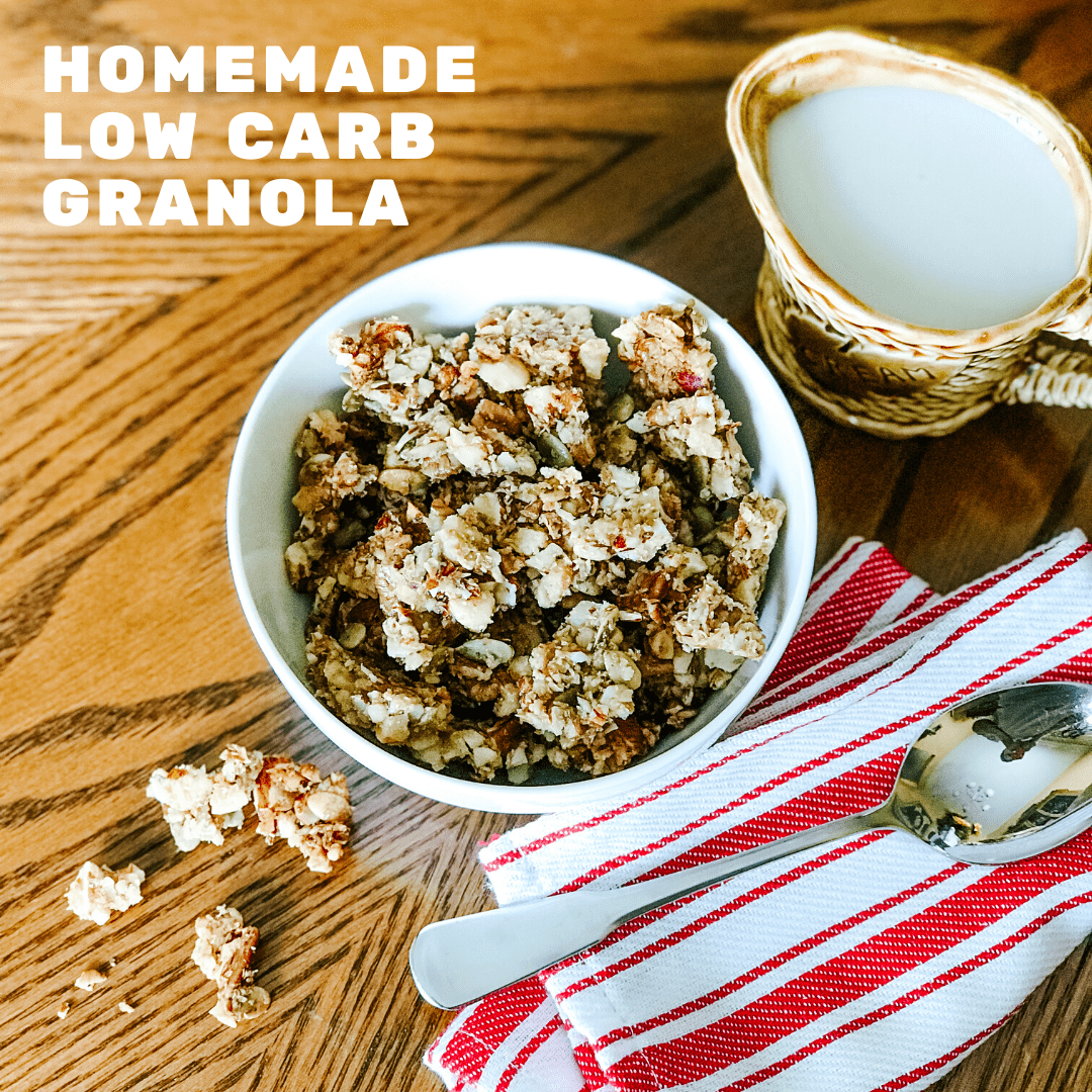 This low-carb homemade granola is the perfect snack choice or for a better cereal choice in the morning.